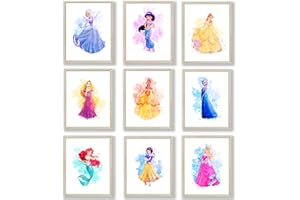 HerZii Prints Princess Wall Art Decor - Watercolor Prints Set of 9 - 8 x 10 Inch - Princess Bedroom Decor, Wall Decor For Gir
