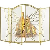 BEAMNOVA Gold Fireplace Screen with Door, 50 x 36 in, Butterfly, 3 Panel Decorative Flat Cover, Rustic Vintage Arched Mesh Fr