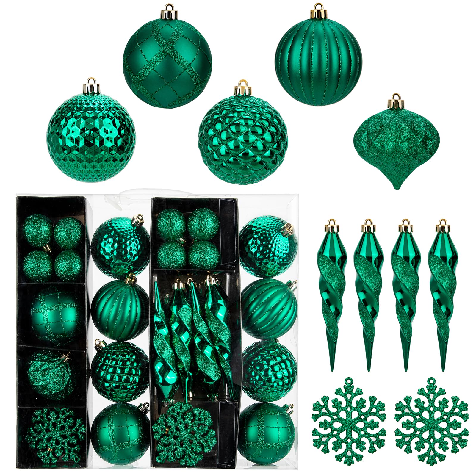 Briful 50PCS Green Christmas Baubles Set, Christmas Tree Decorations Set with Shatterproof Xmas Baubles Icicle Snowflake, Hanging Ball Ornaments for Holiday Decorations Home Decor
