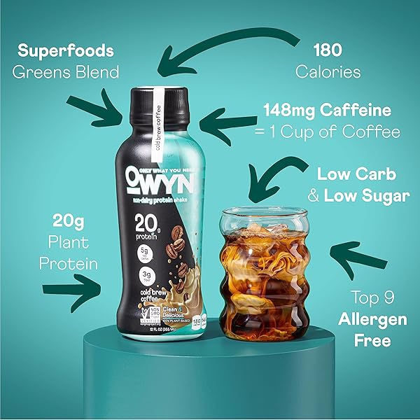 OWYN 100% VEGAN PLANT-BASED PROTEIN SHAKE, COLD BREW COFFEE, 12 PACK, WITH 20G PLANT PROTEIN, OMEGA-3, PREBIOTIC SUPPLEMENTS, SUPERFOODS GREENS BLEND, GLUTEN-FREE, SOY-FREE, NON-GMO