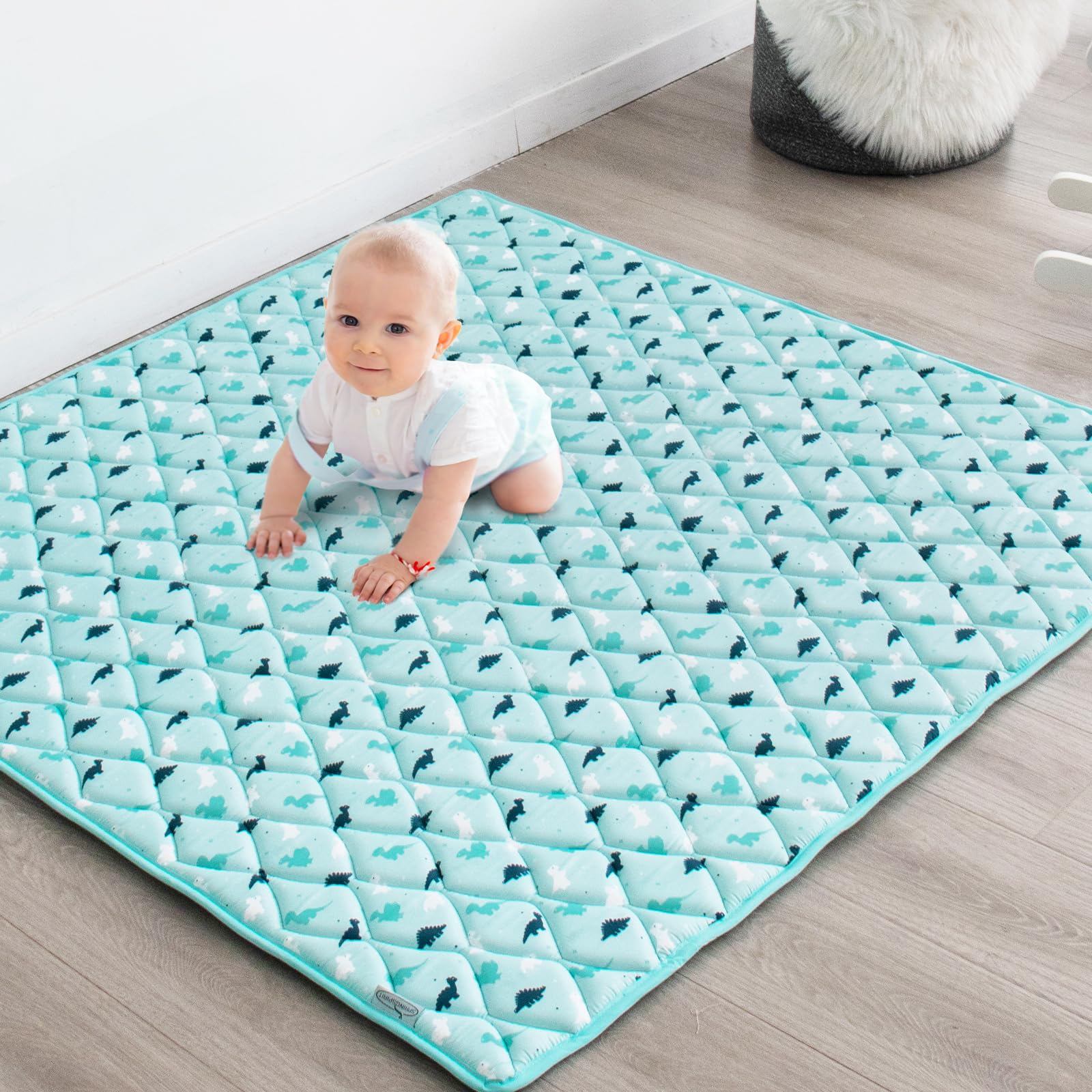 Photo 1 of Premium Foam Baby Play Mat 50" X 50" - Non Slip Cushioned, Thick One-Piece Crawling Mat, Easy Clean, Aqua Dinosaur