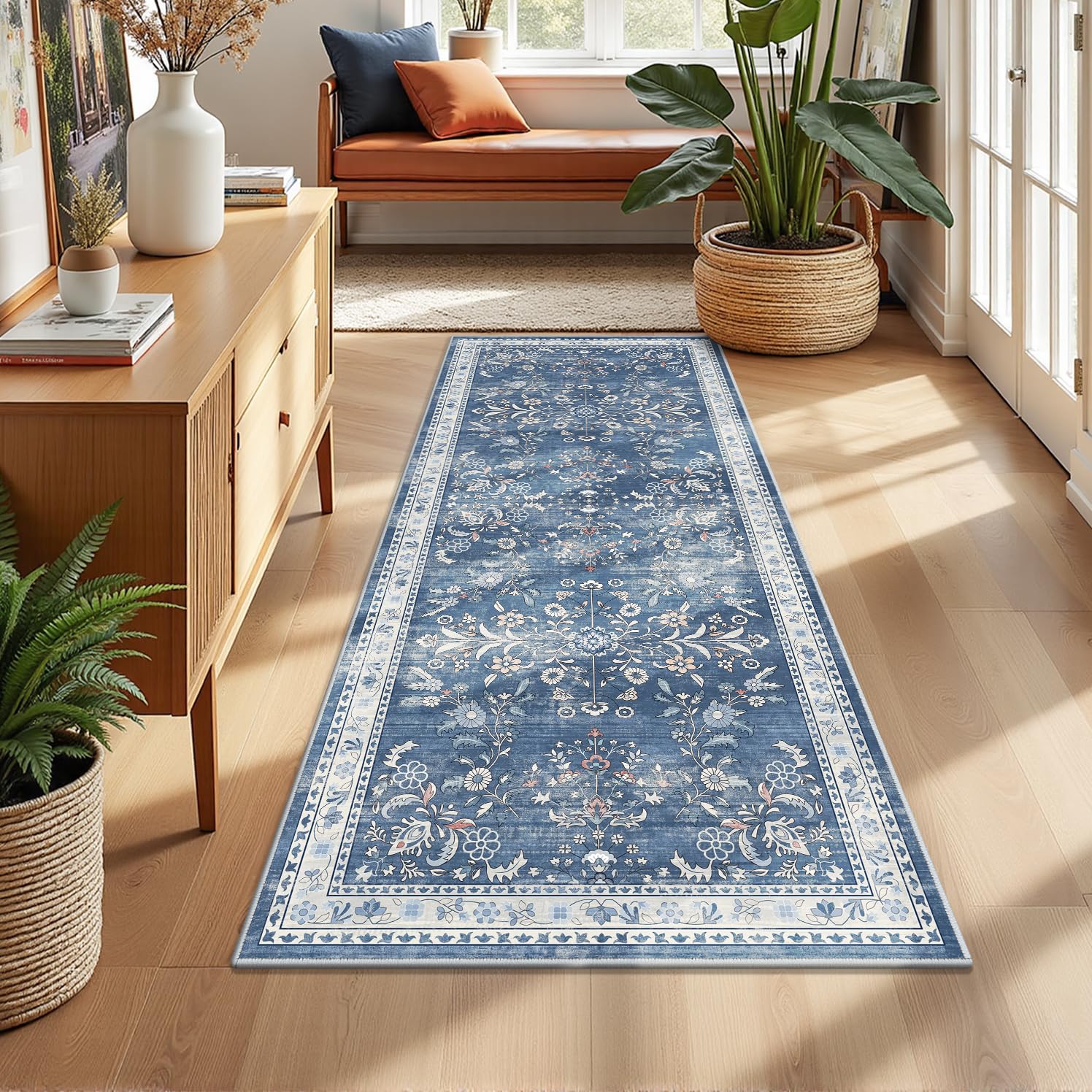 Yamaziot Washable Runner Rug 2x5 – Non Slip Boho Floral Hallway Runner Rug with Rubber Backing, Low Pile Faux Wool Distressed Carpet for Kitchen, Laundry, Bedroom, Entrance, Blue