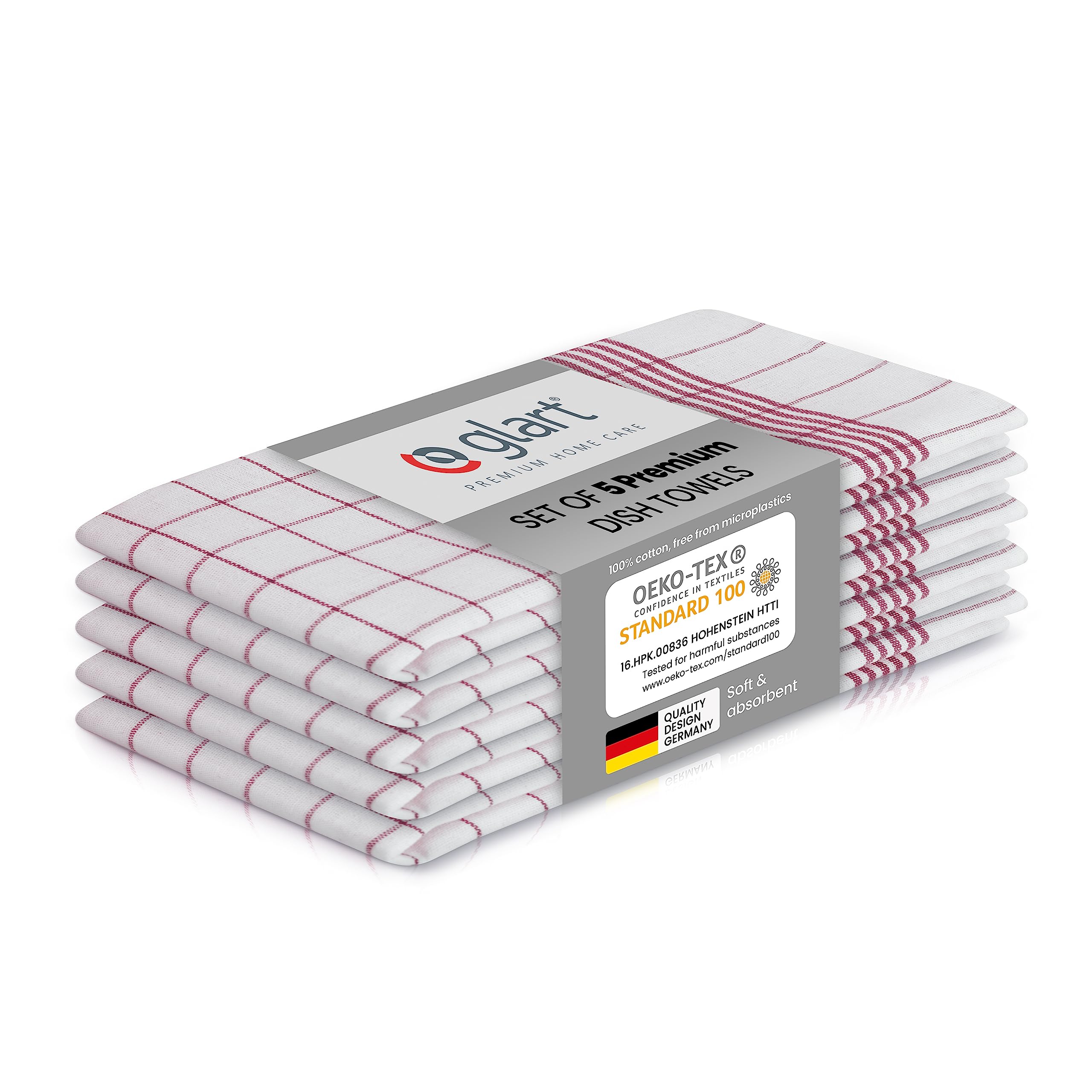 Glart 48KR1 Dish Towels 5-pc set 50x70 cm red checkered - 100% cotton, OEKO-TEX certified, pre-washed, absorbent, washable, durable, with hanger, for household, kitchen, catering, office.