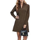 EZAPINE Women Corduroy Dress V Neck Long Sleeve Casual Vintage Retro A Line Mini Dresses