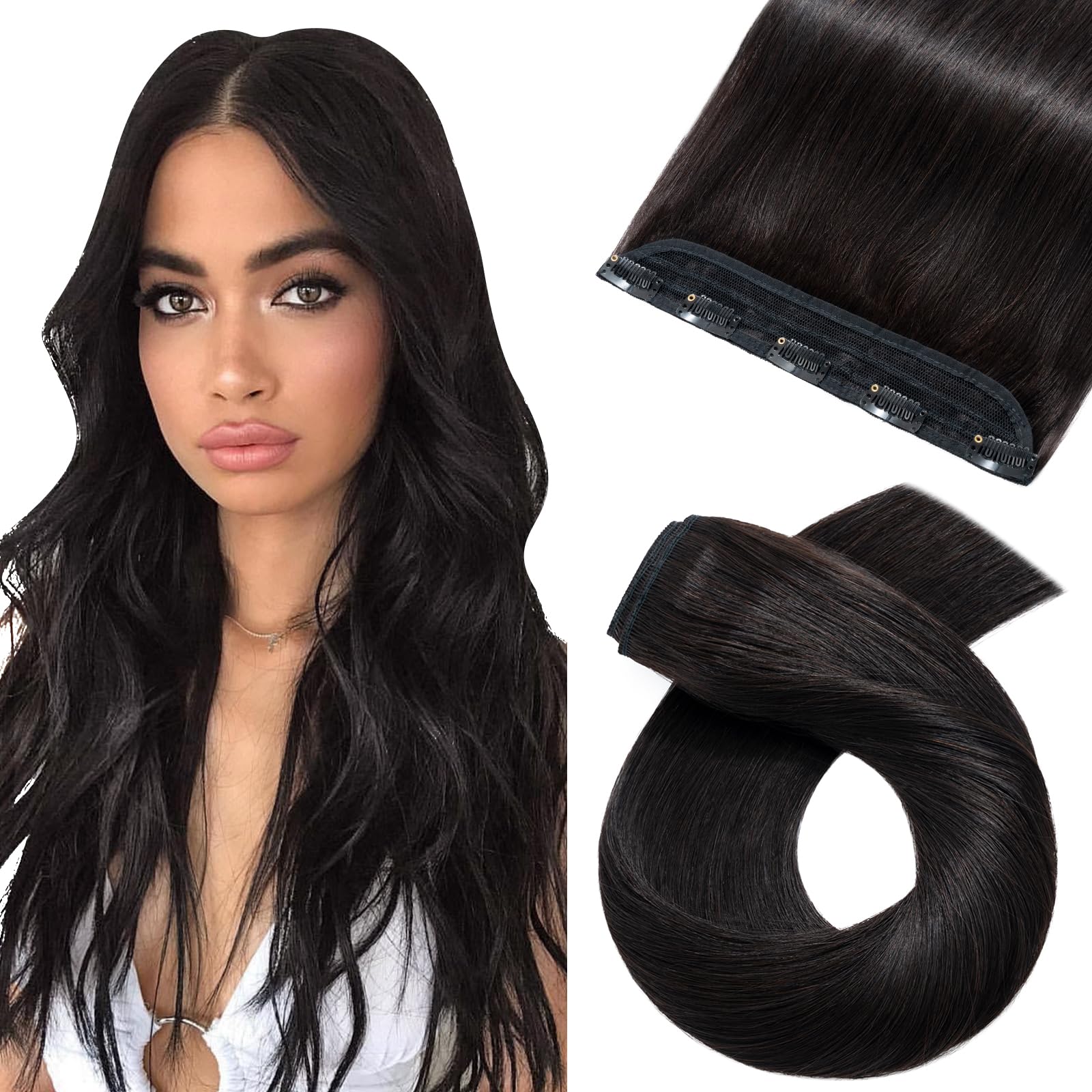 Silk-co Remy Human Hair Extensions Clip in Hair Extension Brown One Piece 3/4 Full Head Real Hair Extension (#1B Natural Black, 10 inches-40g)