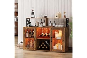 Garvee Wine and Liquor Cabinet with LED Lighting, Built-in Power Outlets, Glass Holder, and Storage Racks – Stylish Bar Cabin