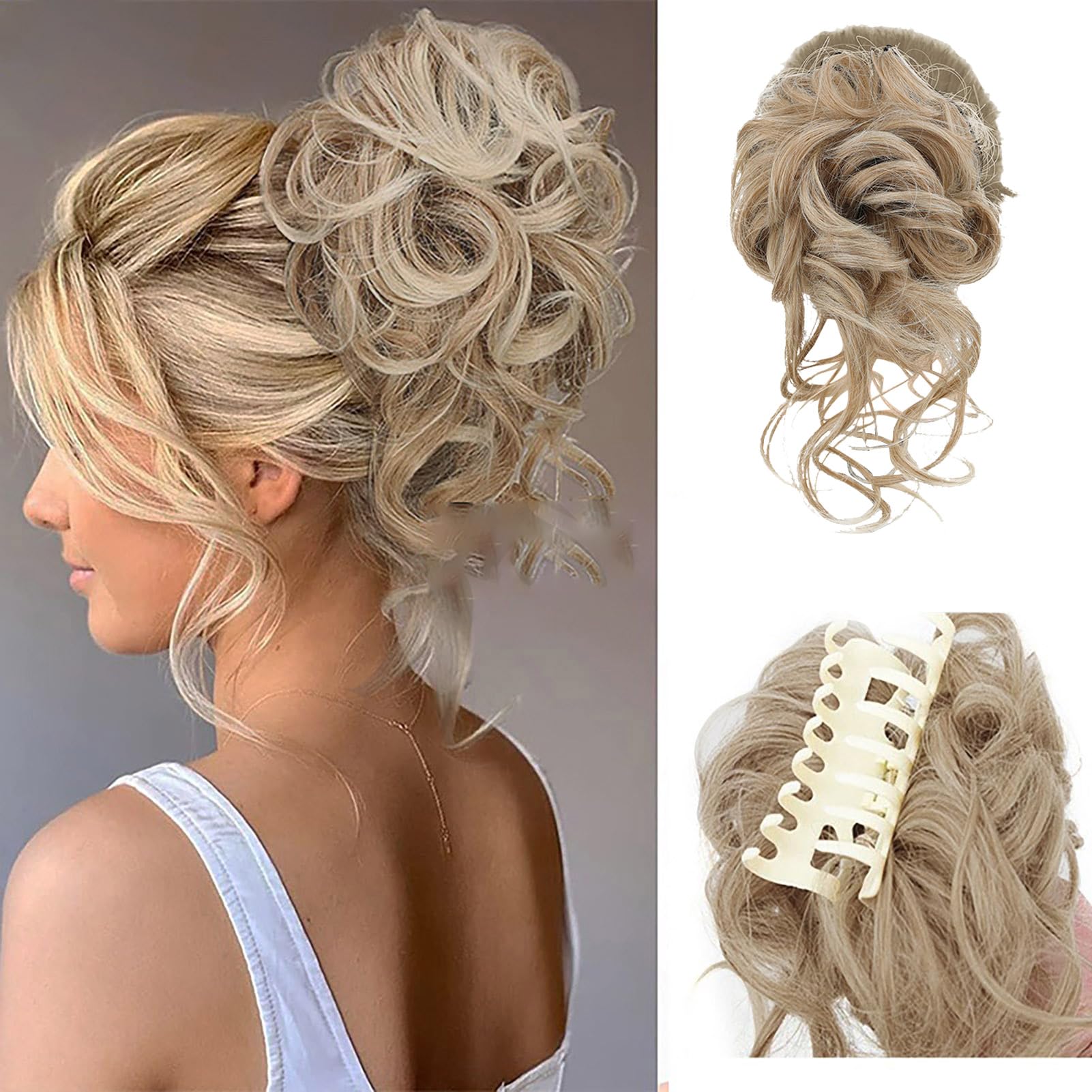 Faringoto Blonde Ponytail Extension Hair Topper Hair Bun Curly Messy Hair Piece