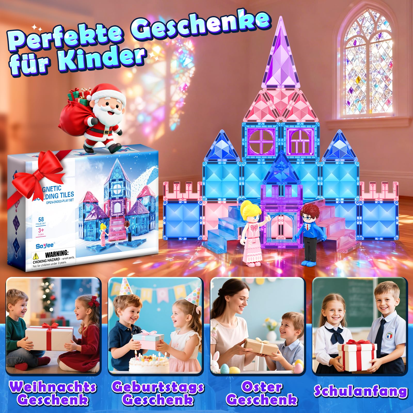 Magnetische Bausteine 58-teilig Set für Kinder ab 3–8 Jahren Magnetbausteine & Konstruktionsspielzeug STEM Lernspielzeug Montessori Bauspielzeug für Jungen und Mädchen Geschenk Geburtstag Weihnachten 6
