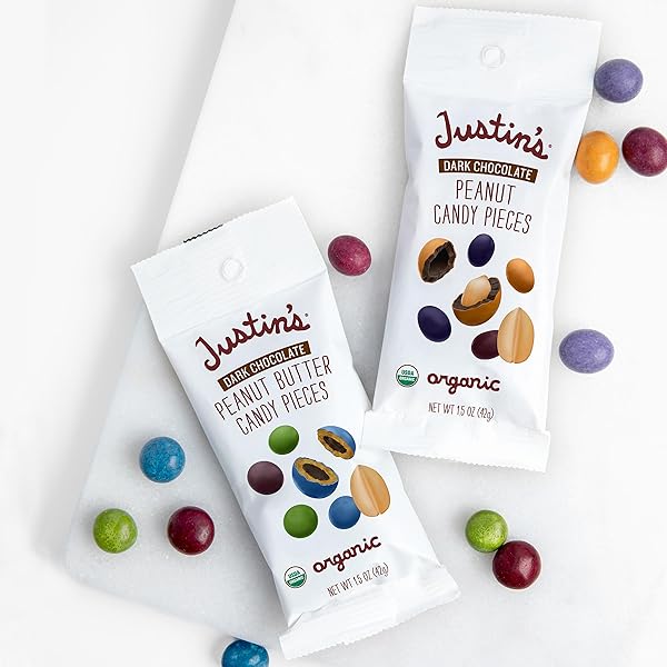 JUSTIN’S DARK CHOCOLATE PEANUT CANDY PIECES 12PK OF 1.5OZ BAGS ORGANIC, GLUTEN FREE, NON-GMO, RESPONSIBLY SOURCE, RAINFOREST ALLIANCE CERTIFIED COCOA