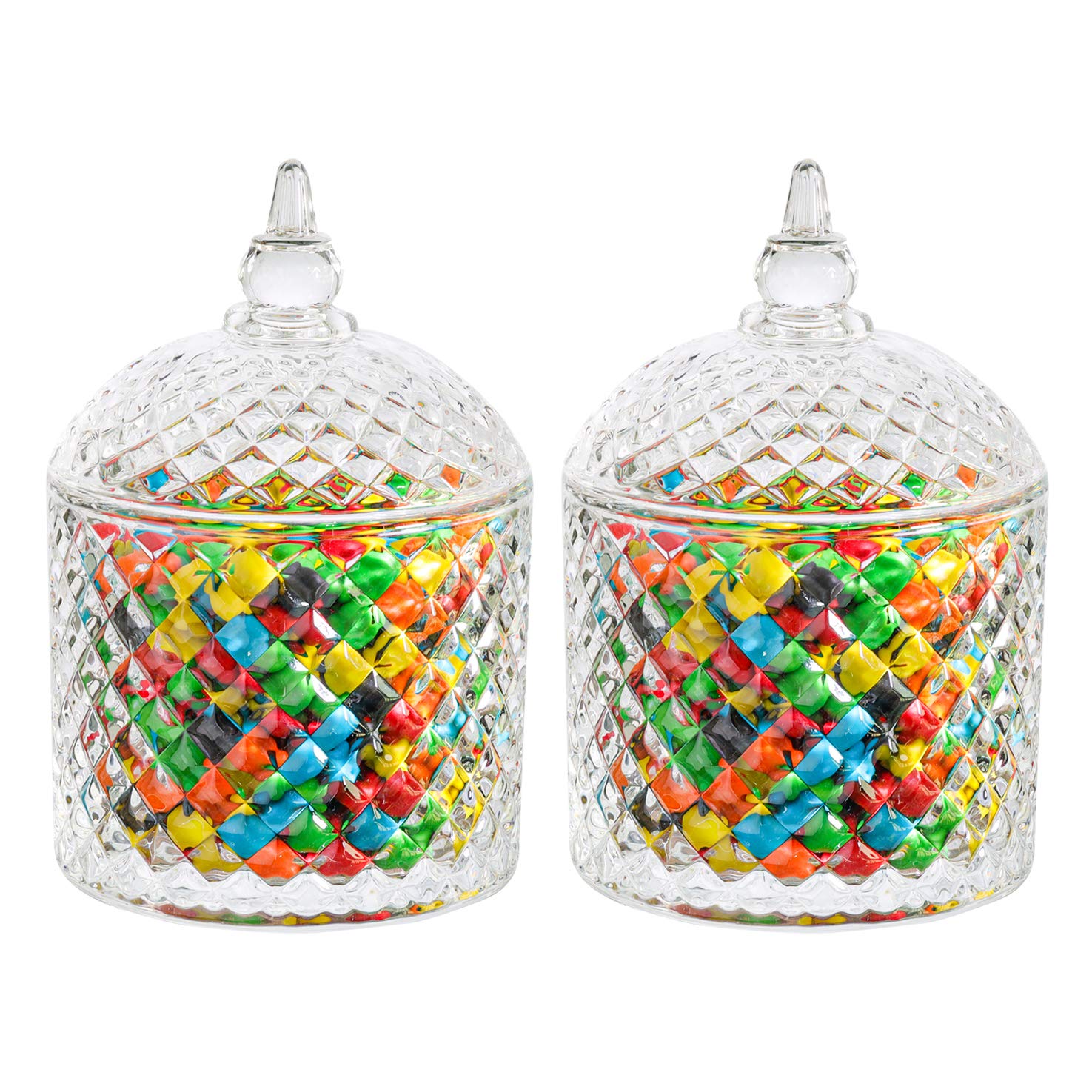 ComSaf Glass Candy Sweet Jars with Lid Set of 2, Crystal Bon Bon Jar Covered Sugar Bowl Small Decorative Cookie Dish Buffet Storage Container Clear for Party Wedding Birthday (Diameter: 9.5CM)
