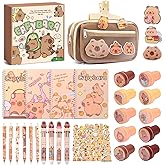 Adorable Capybara Stationery Set, Girls' Stationery Set Includes Pencil Case, Multi-Color Pens, Stickers, Pins, Notebook, Stamps. Perfect Cute Birthday Gift for Kindergarten and Elementary School.