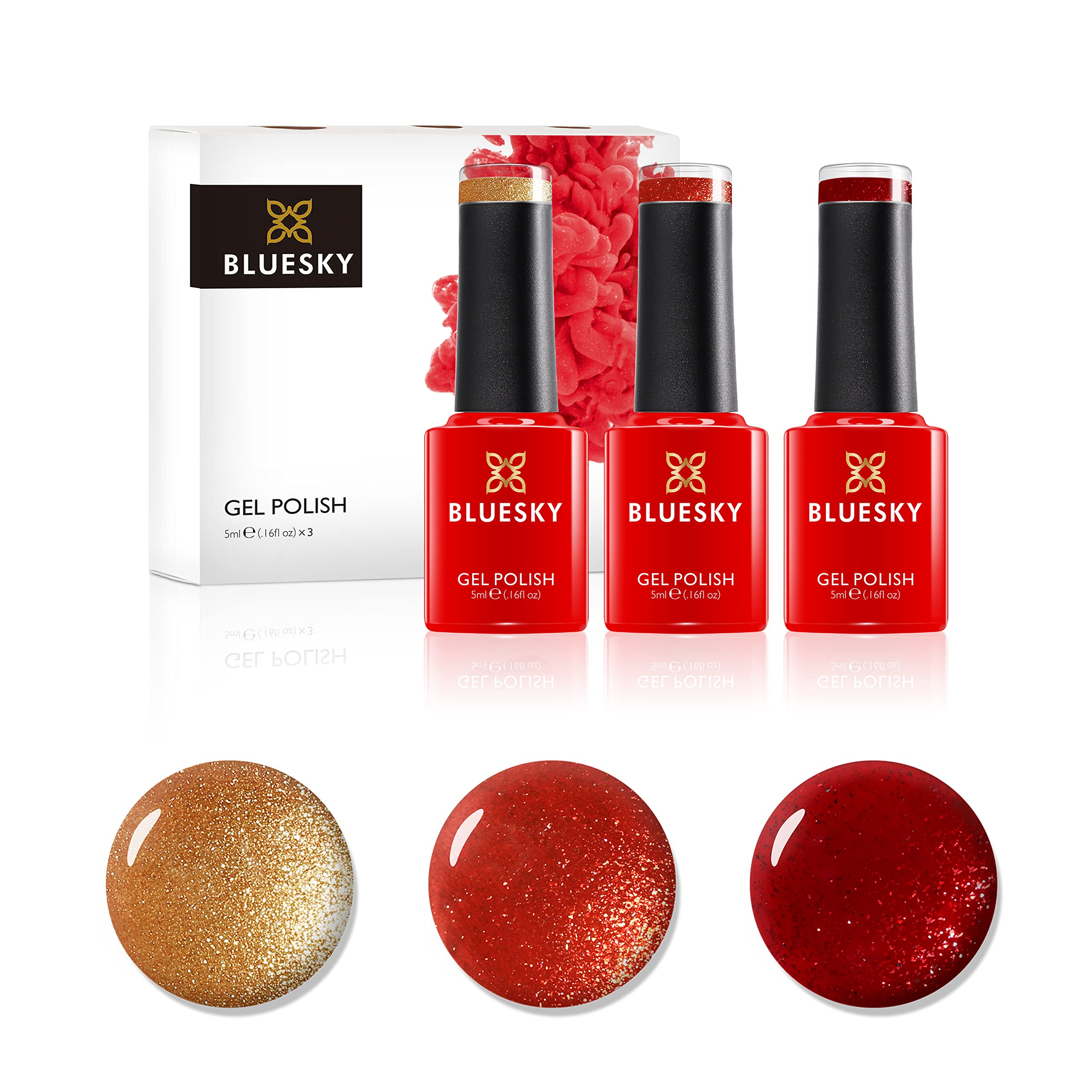 Bluesky Gel Nail Polishes, Burnt Crystals, Red Glimmer A001, Frosty Gold JQ09, Orange Flame SJ19, 3 x 5ml, Red, Gold Orange (Requires Curing Under UV LED Lamp)