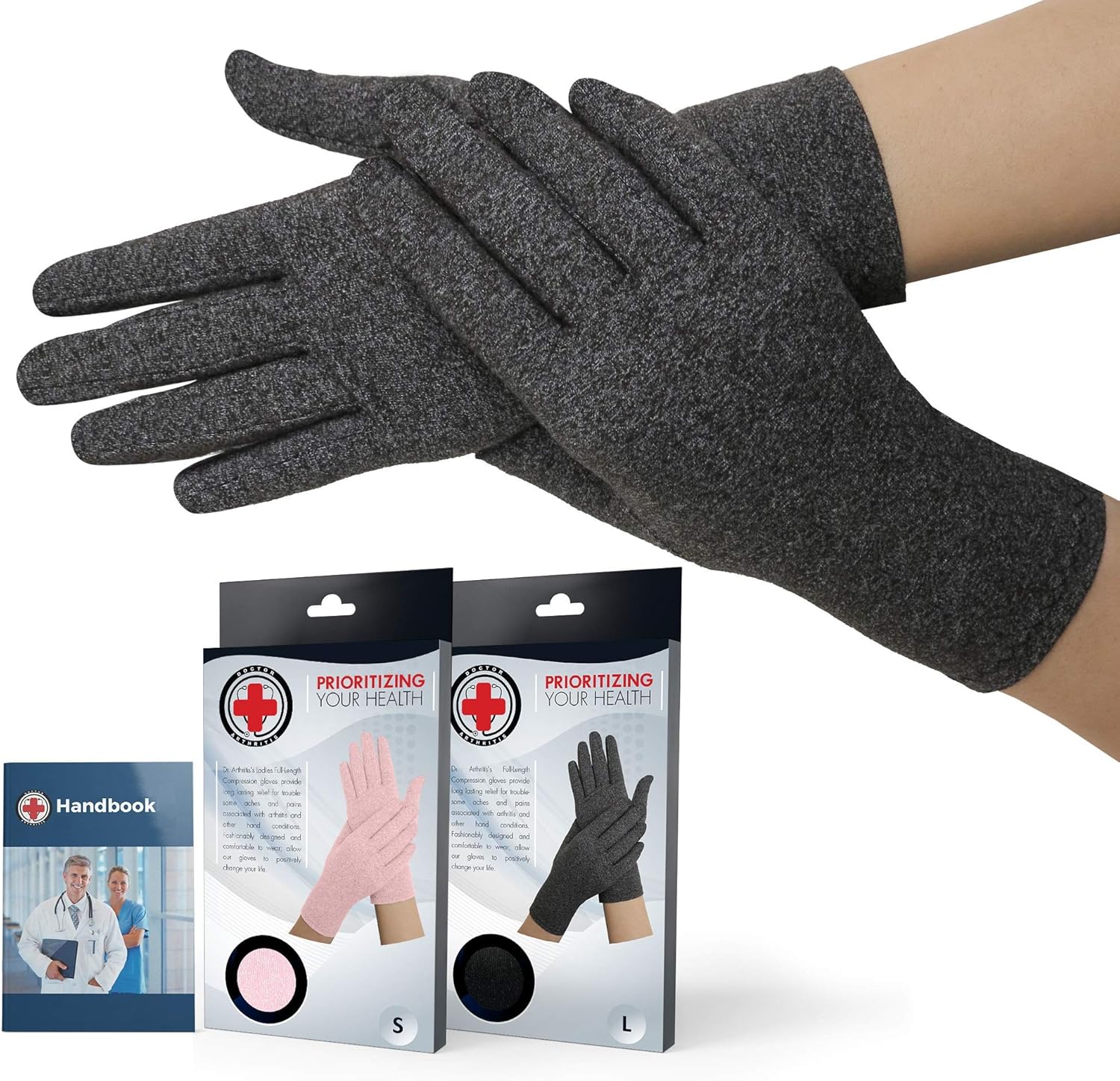 Doctor Developed Full Fingered Arthritis Gloves / Compression Gloves (Grey) and DOCTOR WRITTEN