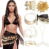Tondiamo 45 Pcs Cleopatra Costume Women Egyptian Accessories Jewelry Set | Gold Tassel Headpiece, Circle Necklace, Snake Hair Beads, Chiffon Coin Belt, Chest Chain, Armlet, Vintage Cleopatra Party