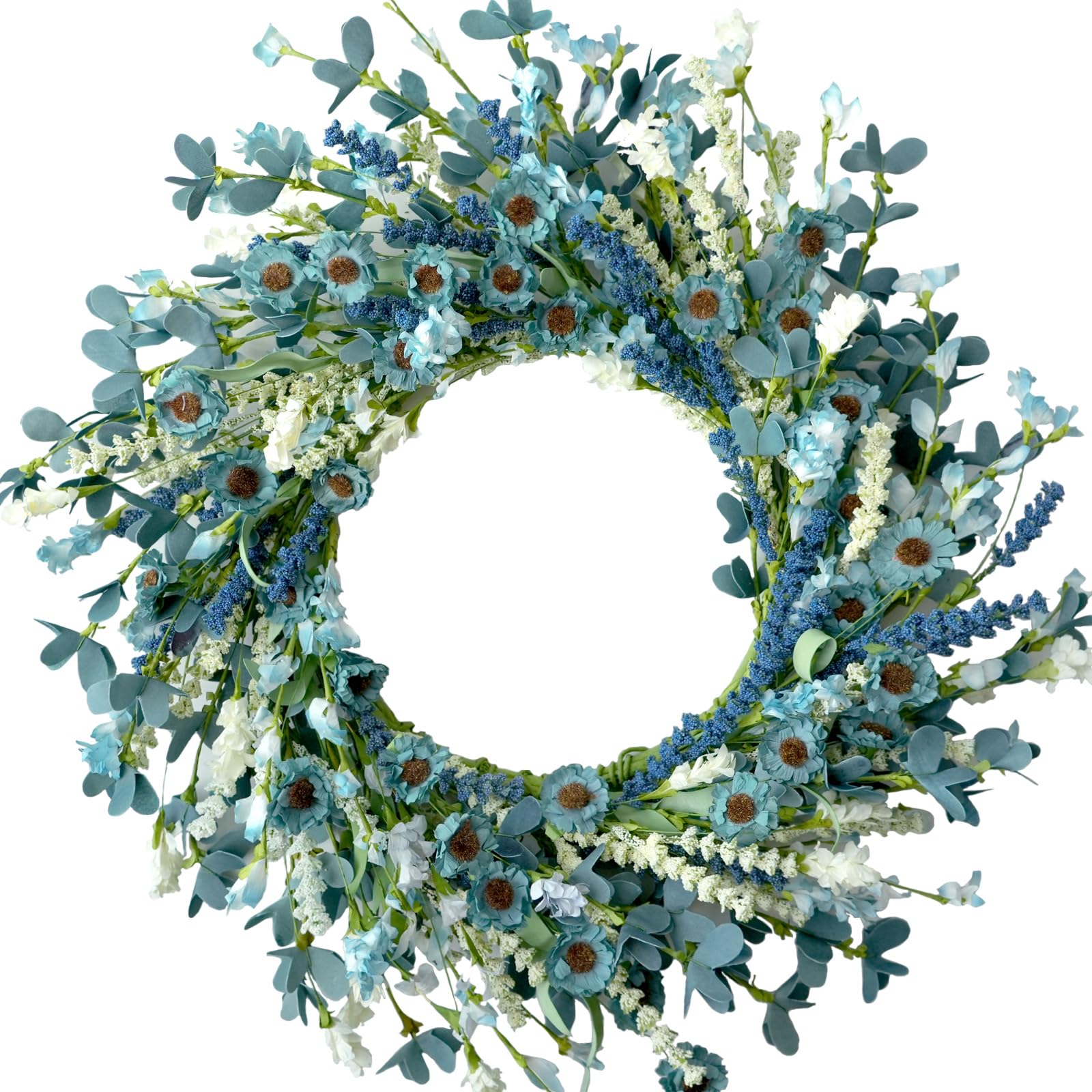 CIR OASES 20 Inch Spring Wreath Blue with Green Leaves Daisy Artificial Grains White Flower for Front Door Wreath,Farmhouse Decor Indoor&Outdoor Wedding Wall Home