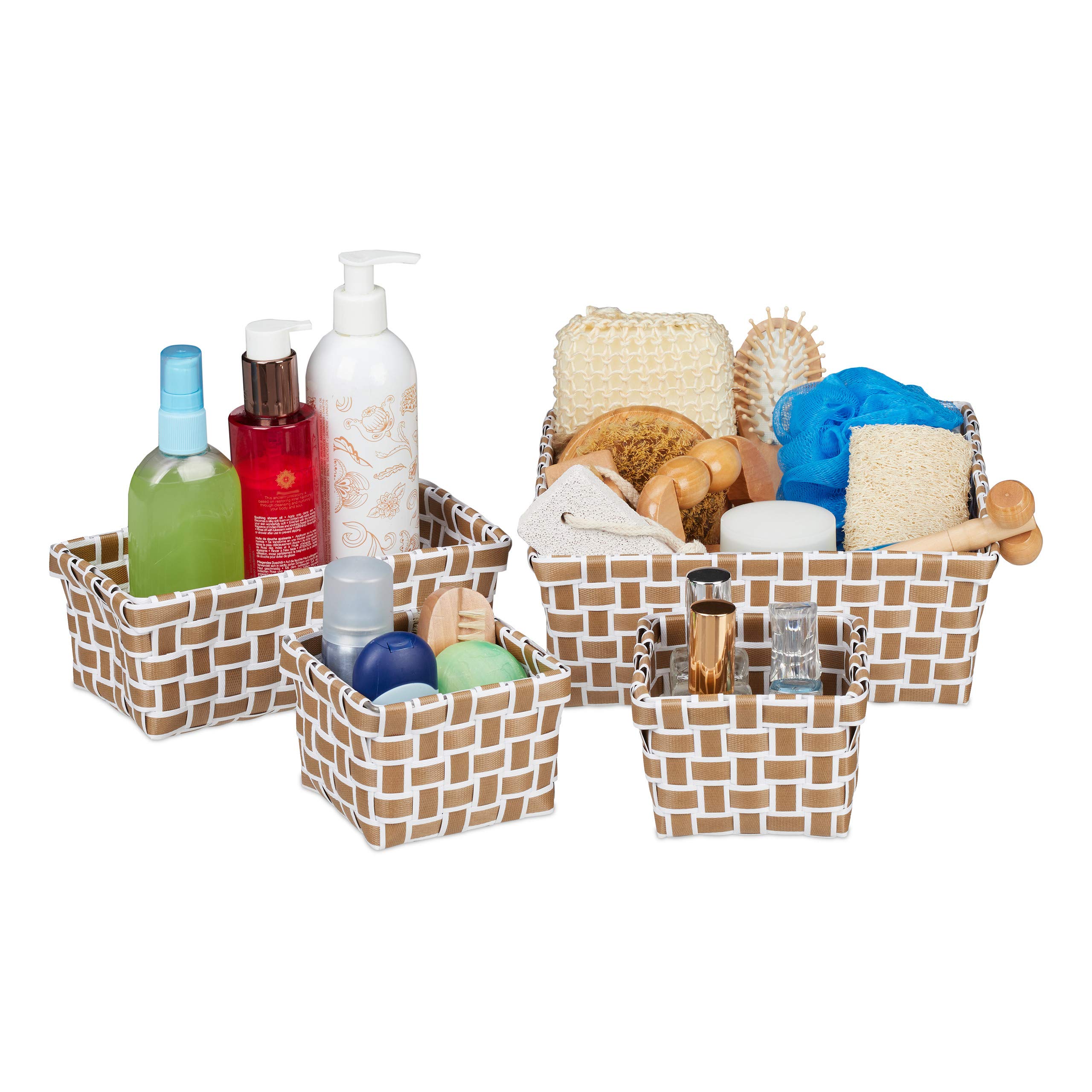Relaxdays Set of 4 Baskets, Woven, Robust, Storage Bin for Bath, Plastic, Shelf Unit, White-Brown, 10 x 23.5 cm