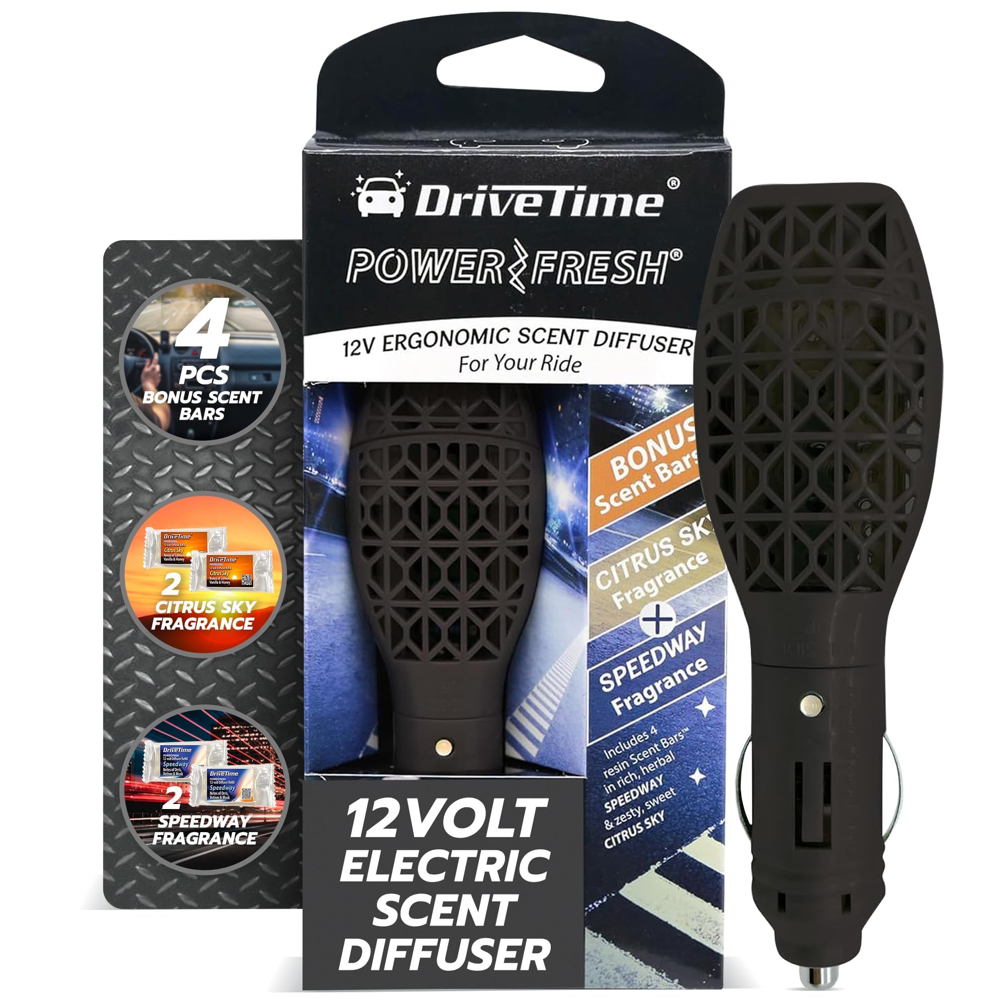 Photo 1 of Drive Time Reusable 12V Plug-in Car Air Freshener – Power Fresh, Auto Shut-Off, Plug-In Convenience, No Batteries Needed – Includes 4 Scent Bars for Up to 30 Days of Freshness - Matte Black