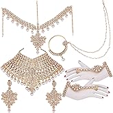 Aheli Bollywood Style Indian Bridal Choker Necklace Matha Patti Nose Ring Haath Phool Wedding Fashion Bharatanatyam jewellery set Gift for Women