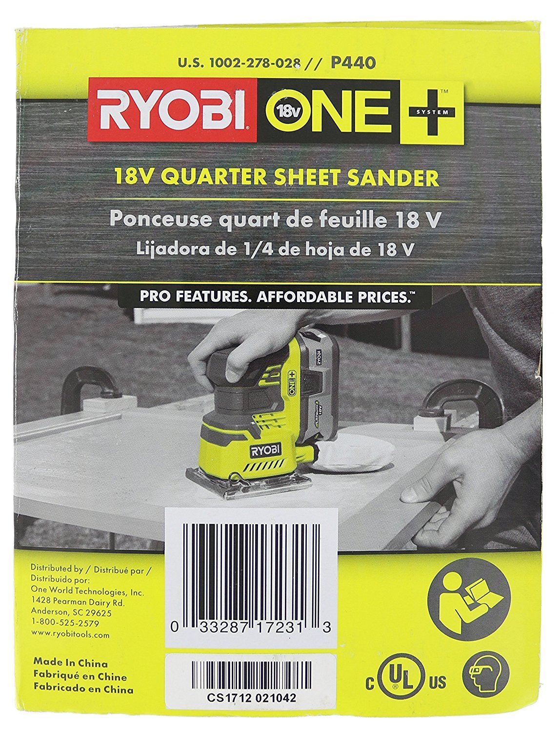 Ryobi P440 One+ 18V Lithium Ion 12, 000 RPM 1/4 Sheet Palm Sander w/ Onboard Dust Bag and Included Sanding Pads (Battery Not Included, Power Tool Only): Industrial & Scientific