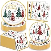 LINHAXM 150 PCS Christmas Paper Plates and Napkins Set – Red and Green Xmas Tree Disposable Dinner Plates, Dessert Plates, Napkins for Christmas Party Decorations, Serves 50