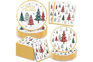 LINHAXM 150 PCS Christmas Paper Plates and Napkins Set – Red and Green Xmas Tree Disposable Dinner Plates, Dessert Plates, Napkins for Christmas Party Decorations, Serves 50