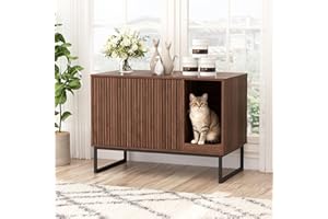 FIVEWILLOWISE Cat Litter Box Enclosure, Fluted Hidden Litter Box Furniture with Scratch Pad and Metal Legs, Modern Enclosed Cat Cabinet, 31.5 x 17.7 x 21.7 Inches Indoor Pet House for Living Room, Washroom, Walnut