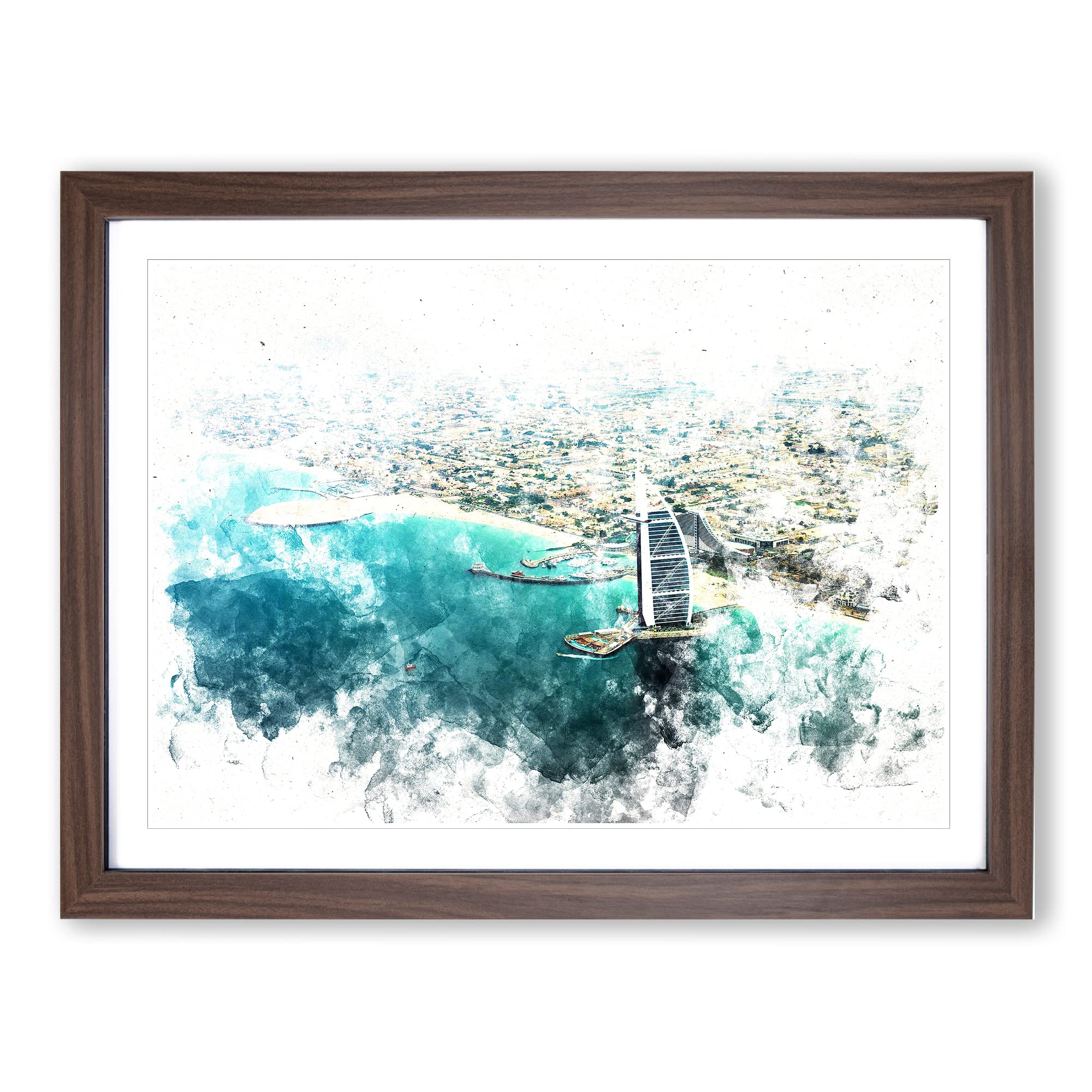 Burj Al Arab Hotel Dubai Skyline Watercolour Modern Framed Wall Art Print, Ready to Hang Picture for Living Room Bedroom Home Office Décor, Walnut A4 (34 x 25 cm)
