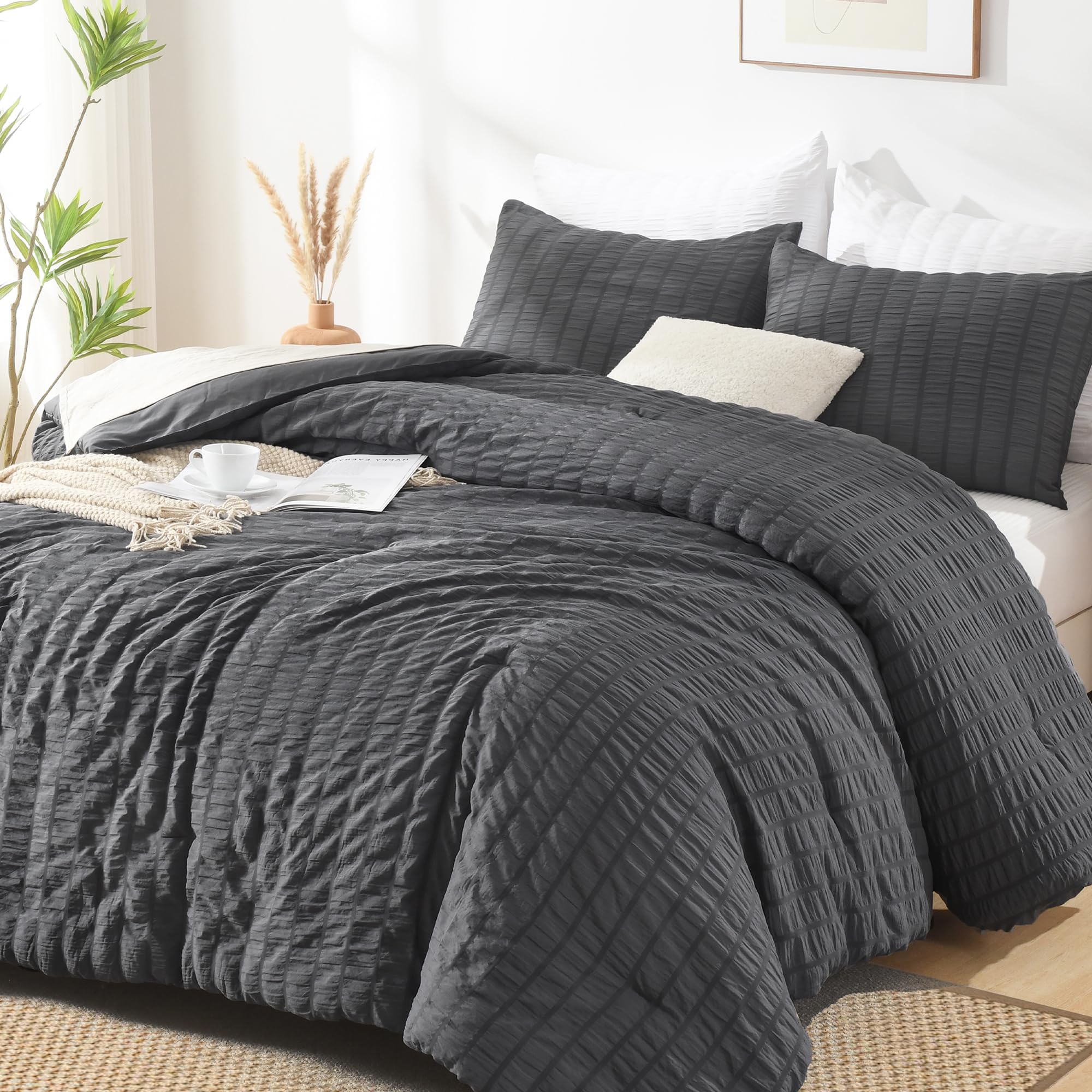 Photo 1 of AveLom Seersucker Queen Comforter Set (90x90 inches), 3 Pieces- 100% Soft Washed Microfiber Lightweight Comforter with 2 Pillowcases, All Season Down Alternative Comforter Set for Bedding, Grey