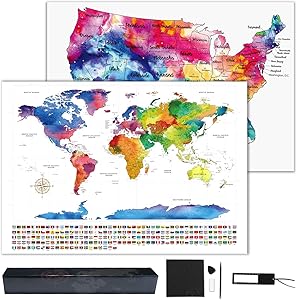 Hutikla Scratch Off Map of The World - Bonus Scratch Off USA Map, Tracks Your Adventures. Includes Precision Scratch Tool and Magnifying Glass, for Travelers 23.5" x 16.5"