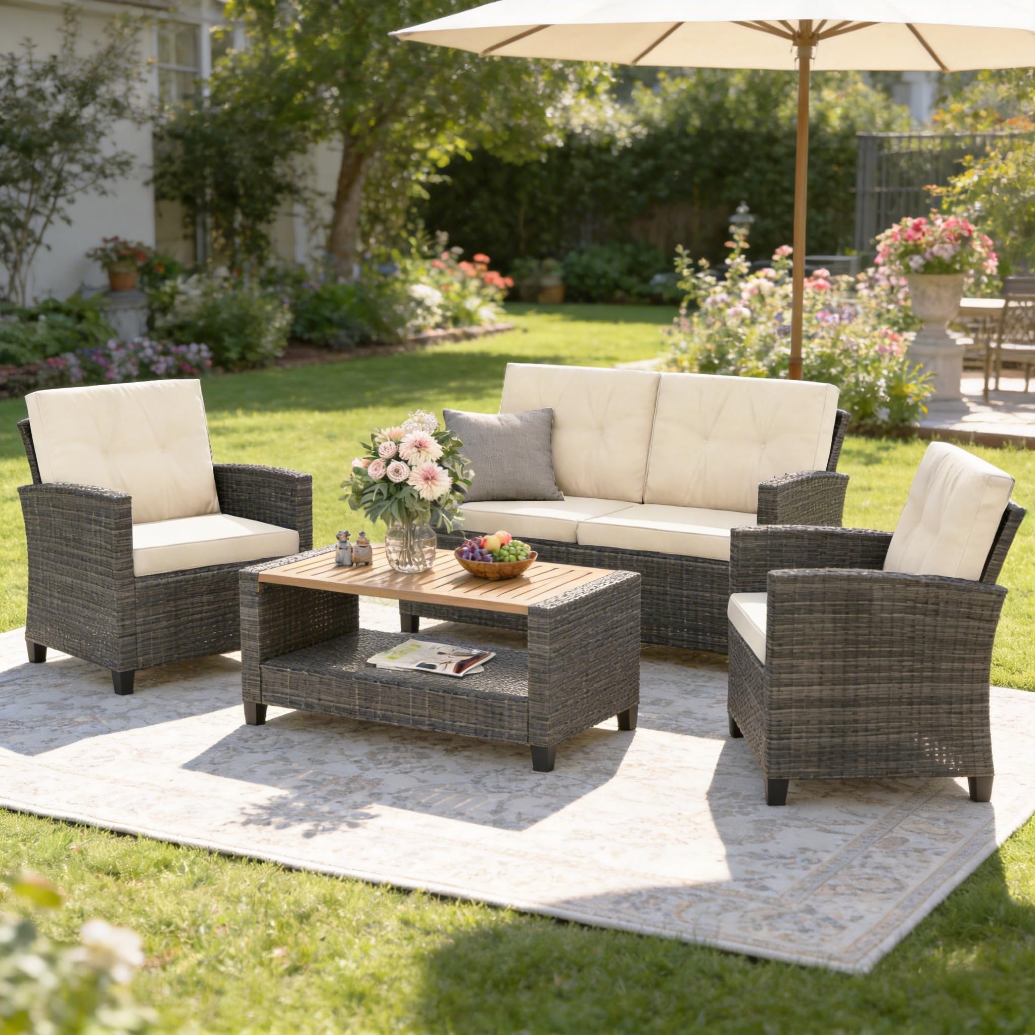 Photo 1 of ***Missing all hardware and table**Wisteria Lane 4 Piece Patio Furniture Set, Wicker Outdoor Patio Conversation Furniture Set, All Weather Outdoor Patio Sofa with Cushion and Wood Table, Beige Wood