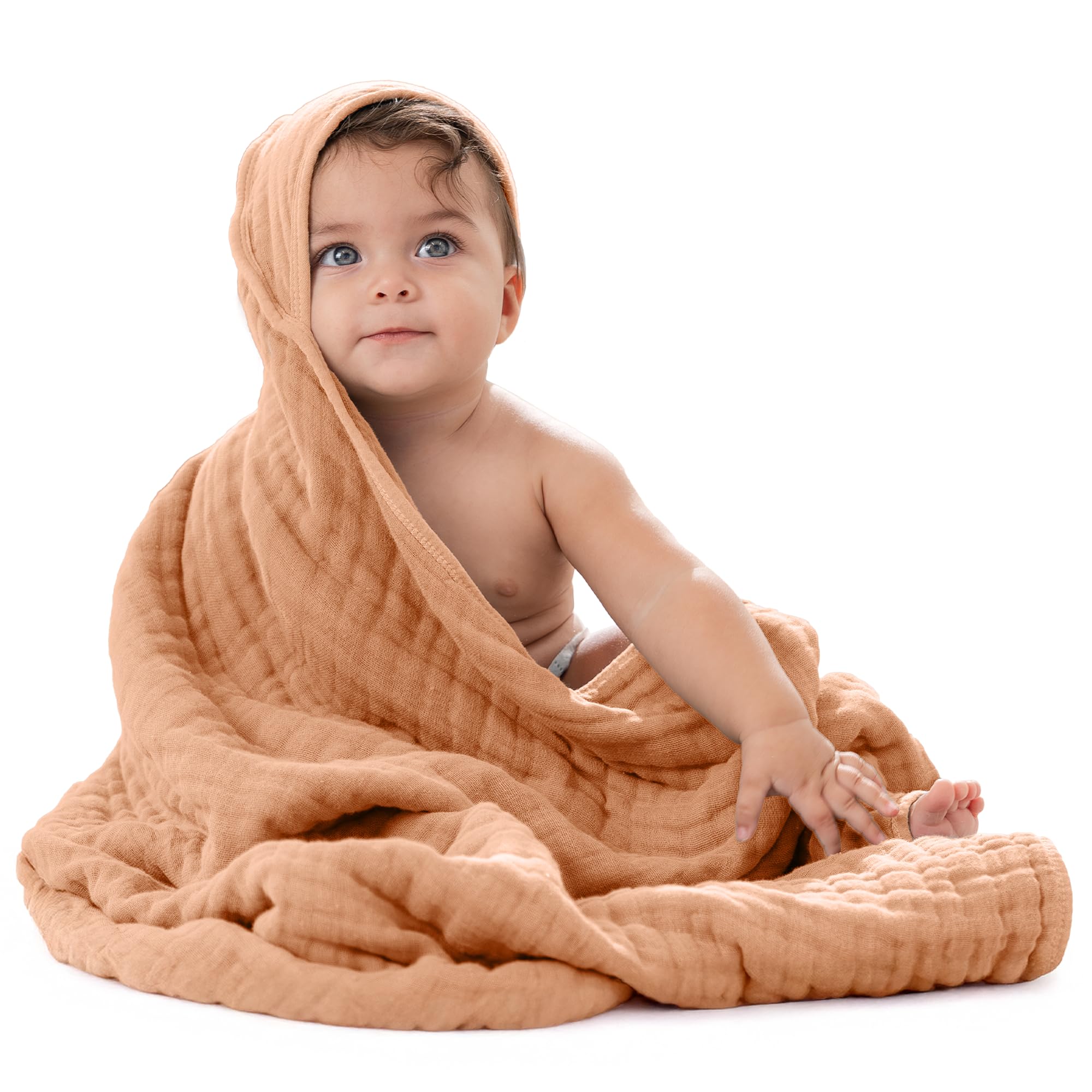 Comfy Cubs 1 Pack Baby Hooded 9 Layer Muslin Cotton Towel for Kids, Large 81 X 81 cm, Ultra Soft, Warm, and Absorbent. Baby Essentials Bath Towels, Cute Unisex Cover for Girls and Boys(1 Pack,Caramel)