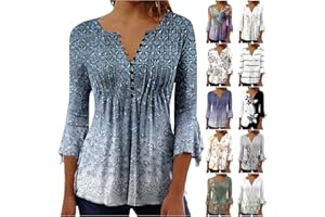 MaMiDay Tuinc Tops for Women Floral Trendy Casual Dressy Blouses 3/4 Sleeve Shirts Button V Neck Tunics to Wear with Leggings