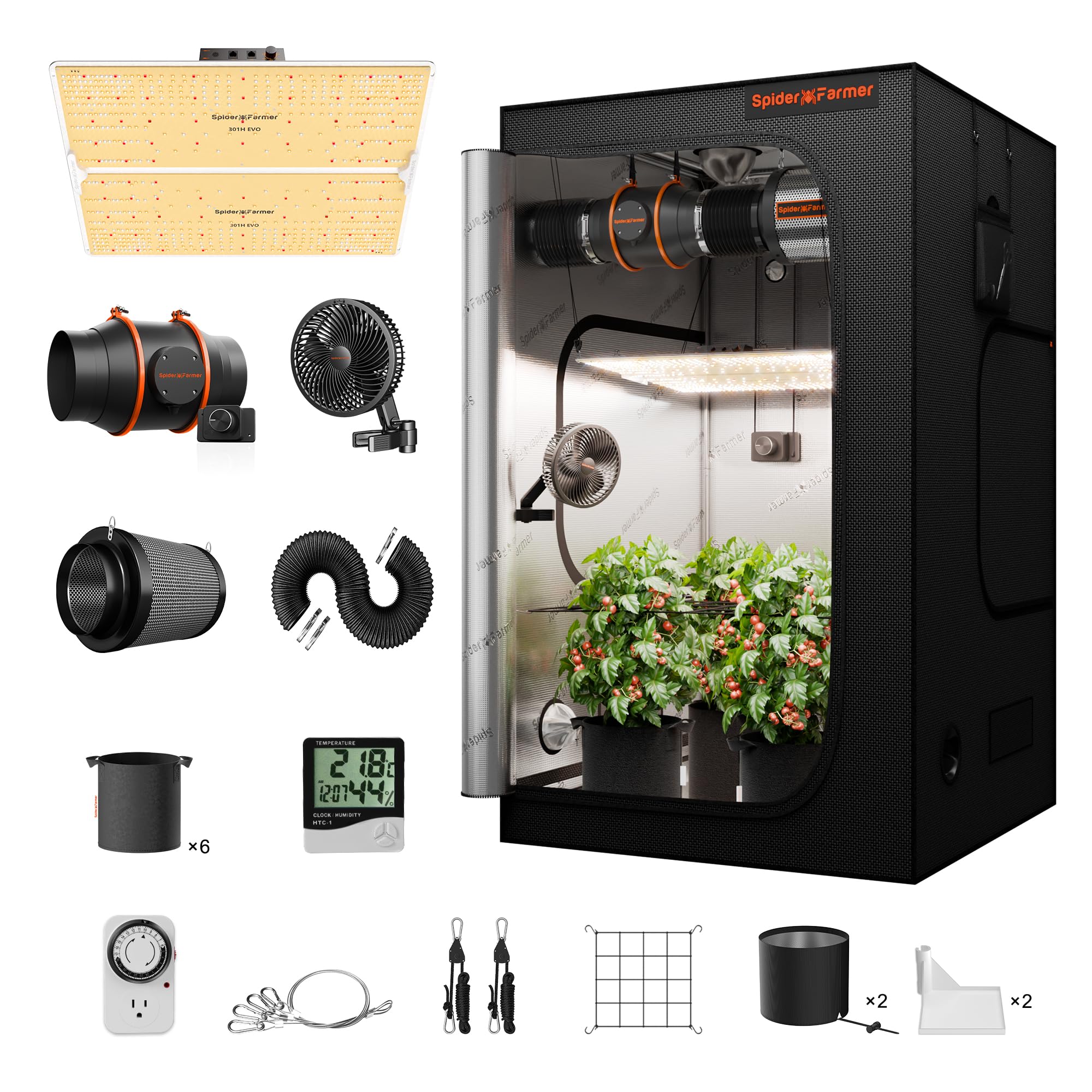Photo 1 of Spider Farmer Grow Tent Kit Complete 4x4ft SF4000 Dimmable Samsung LM301H EVO LED Diodes, 450W Complete System 4x4x6.6 Grow Tent Set 48"x48"x80" with 6" Ventilation System & 6'' Clip Fan