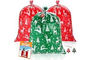 XPCARE XPCAE 3PCS Large Christmas Gift Bags, 44" x 36" Xmas Plastic Gift Bags with String for Big Gifts Presents Wrapping Reusable Gifts Wrapping for Gift Wrap/Holidays Favor Supplies