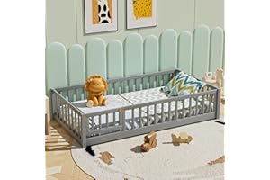 i-POOK Twin Floor Bed for Children, Sturdy Wood Montessori Bed Frame with Wood Slats, Fence & Door, Montessori Floor Bed for Girls and Boys, Gray