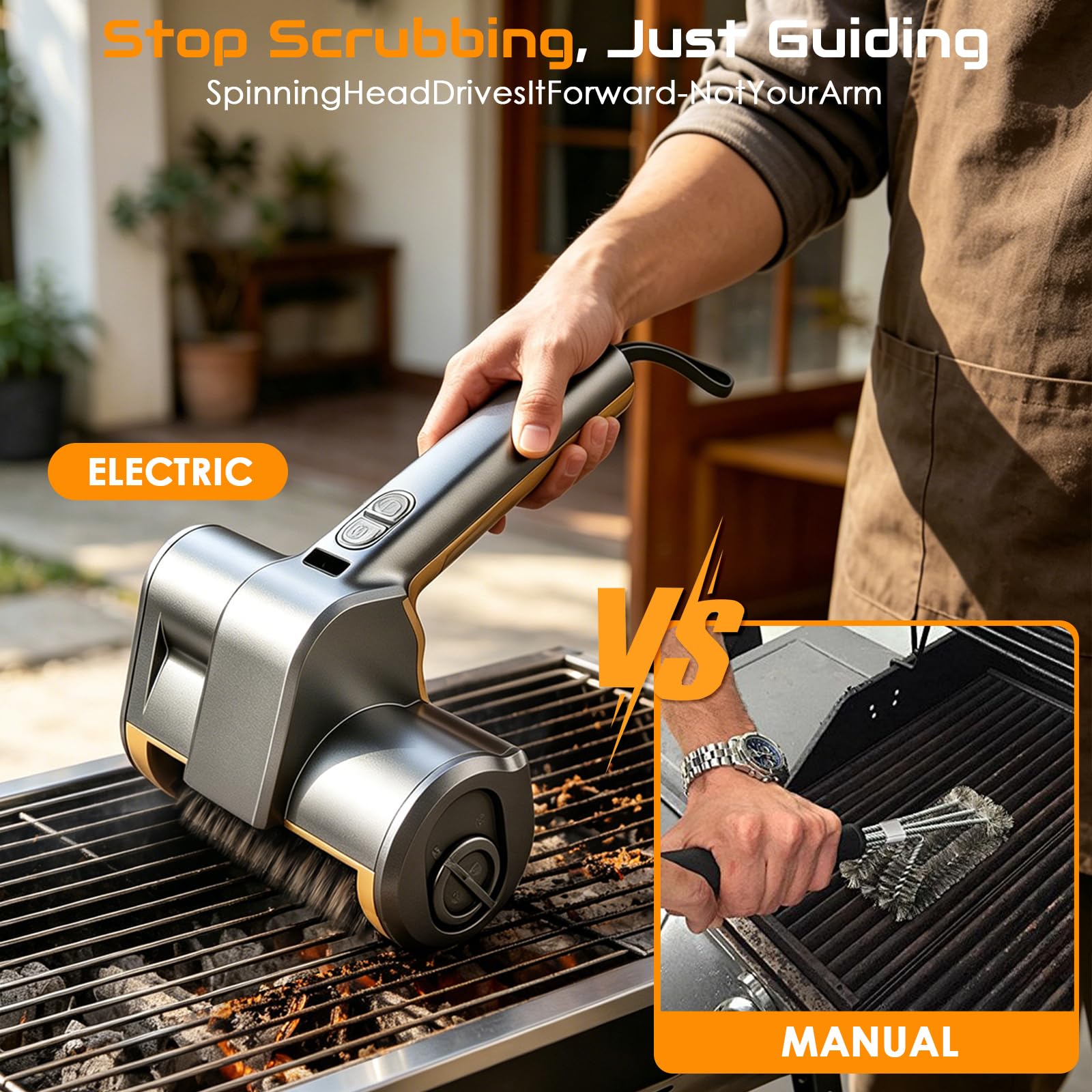 Elektrische Grillbürste, Kabelloser BBQ Grillreiniger, mit LED-Leuchten,140 Min Laufzeit,2 Gänge,3 Köpfen,wasserdicht & hitzebeständig, Grillbürste für Gusseisen, Edelstahl & Holzkohlegrills 7