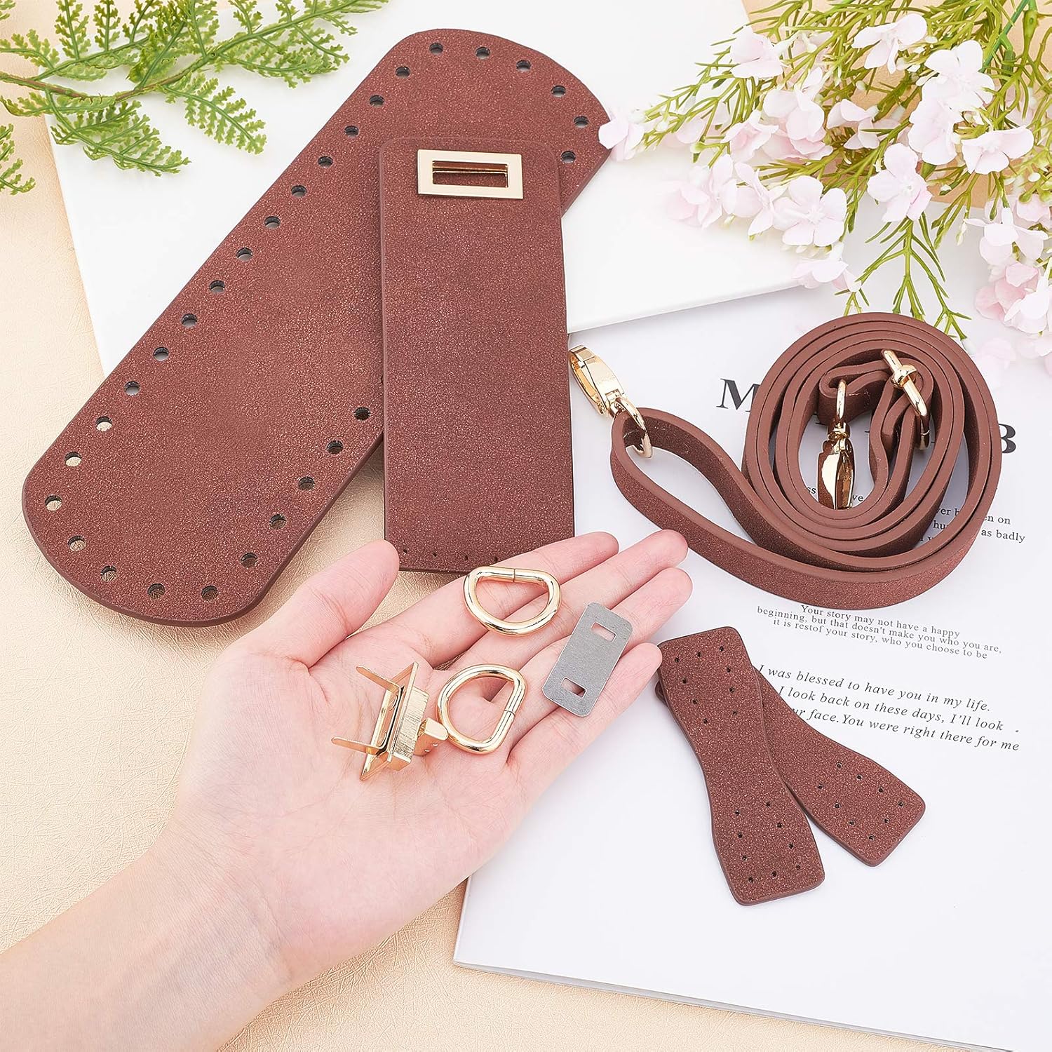 PandaHall DIY PU Leather Bag Knitting Set, Leather Bag Bottom/Shoulder Strap/Bag Twist Lock/Flap Cover/Bag Buckles, Brown（7 Kinds of Accessories）