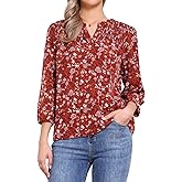 Allegra K V Neck Floral Shirt for Women's 3/4 Sleeve Smocked Front Casual Blouse Top