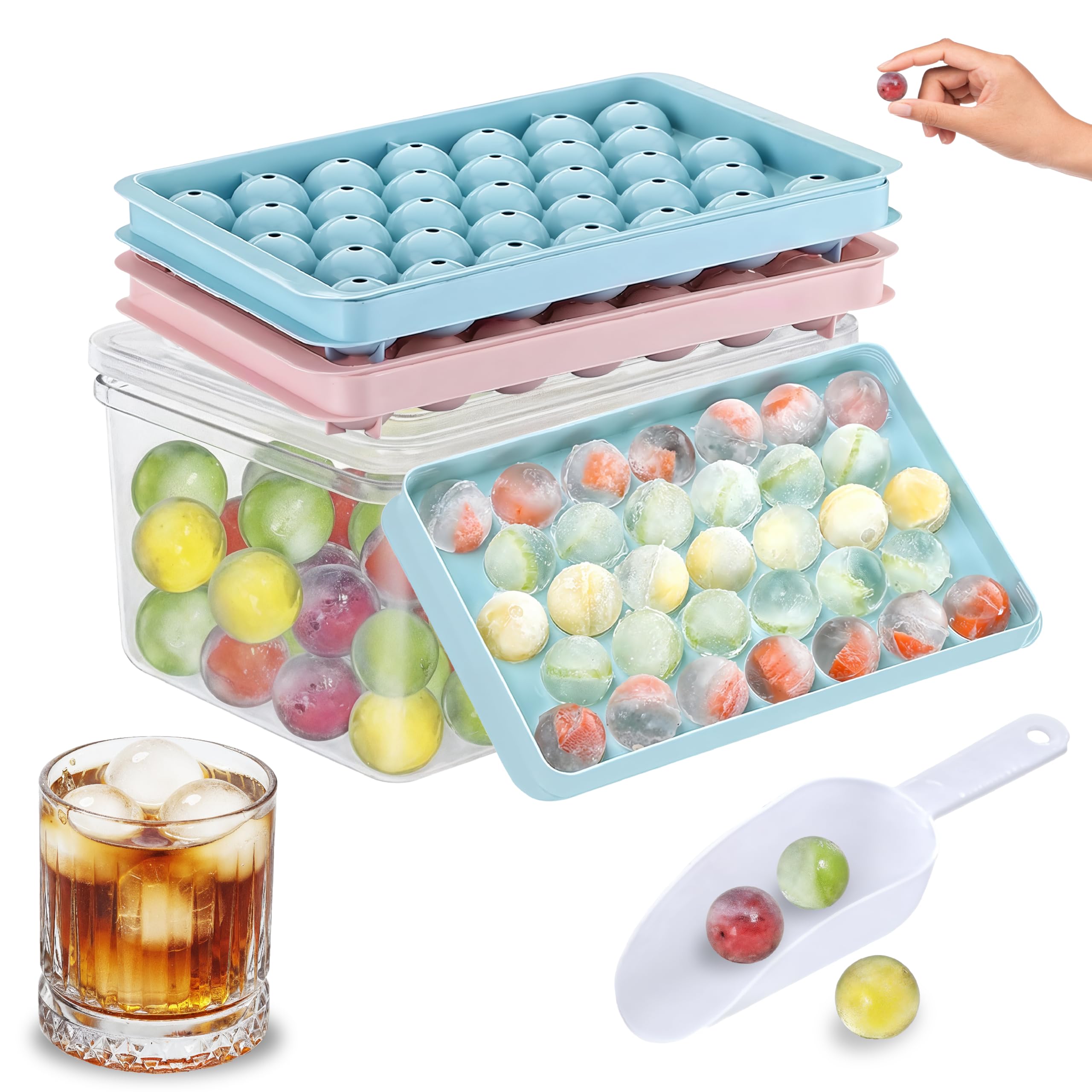 Photo 1 of 2 Pack Round Ice Cube Tray with Lid, Bin & Scoop - 0.8" 66PCS Tiny Sphere Ice Ball Maker Molds, Stackable Ice Trays for Freezer, BPA-Free Plastic Iced Bucket Kits for Cocktails/Whiskey/Coffee/Drinks