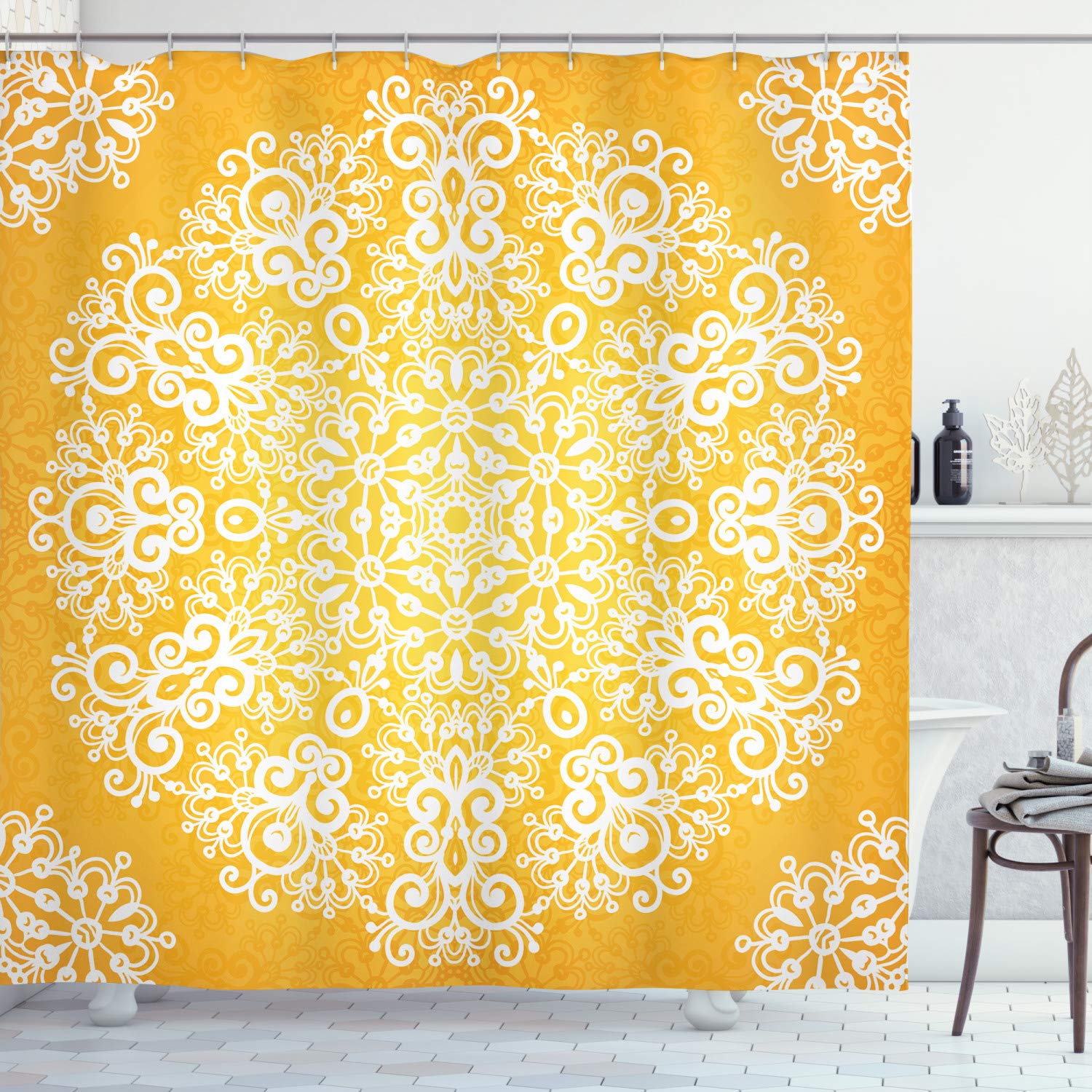 ABAKUHAUS Yellow Shower Curtain, Snowflake Like Floral Pattern Design with Tribal Inspired Artwork, Cloth Fabric Bathroom Decor Set with Hooks, 70 Inches, Yellow and White