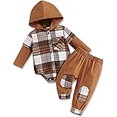 Fuermos Newborn Baby Boy Clothes Plaid Button Long Sleeve Hoodie Romper+ Mama's Boy Pants Fall Winter Outfits Set