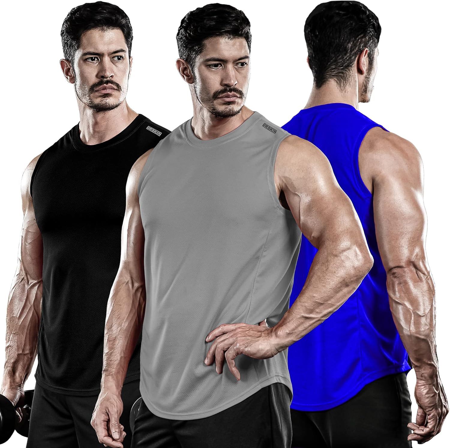 DRSKIN Men's 3 Pack Dry Fit Muscle Tank Tops Mesh Sleeveless Gym Bodybuilding Training Athletic Workout Cool Shirts: Clothing