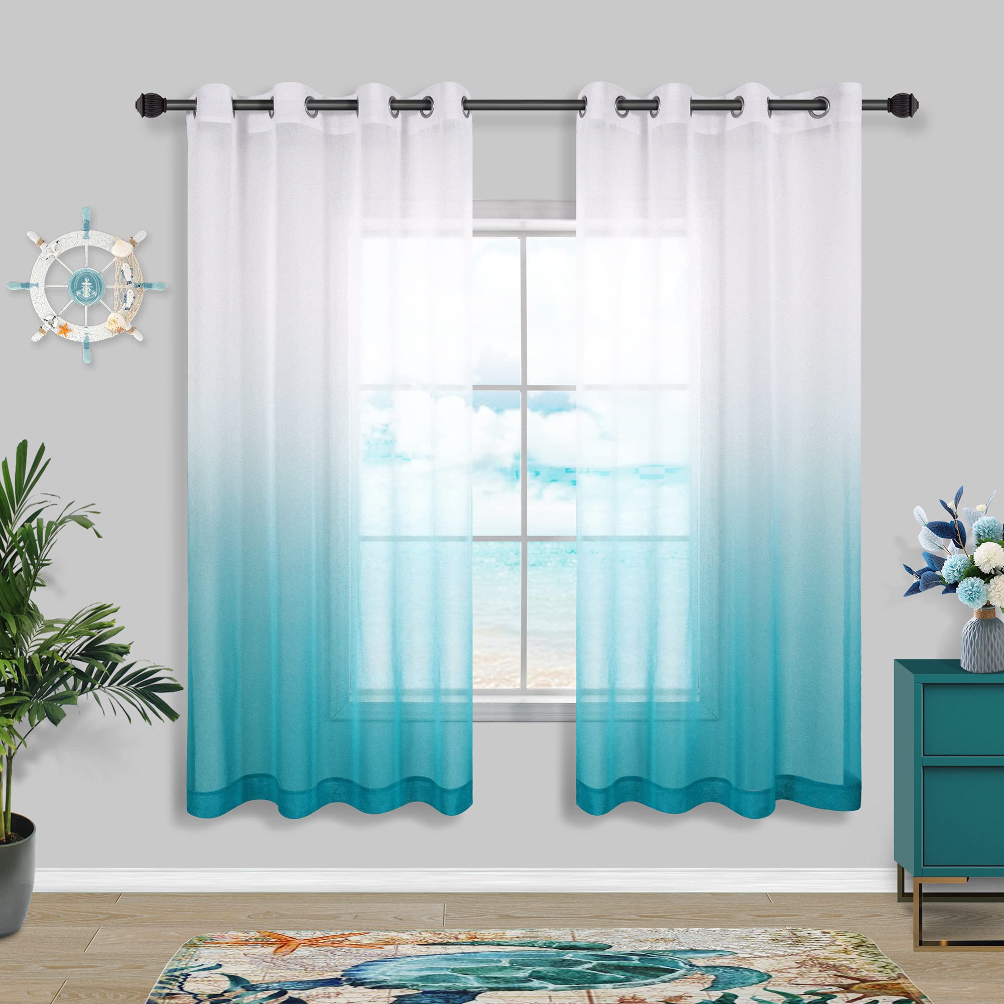 KOUFALL Teal Coastal Curtains for Living Room 63 Inch Length,Sheer Cowgirl Room Decor Ocean Mermaid Curtains for Girls Bedroom