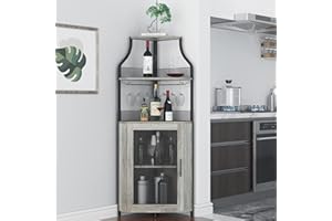 GarveeHome Corner Wine Cabinet with Detachable Wine Rack, 5-Tier Industrial Corner Bar Cabinet with Barn Door and Glass Holder, Farmhouse Buffet Cabinet and Home Bar, Grey
