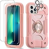 Cookiver for iPhone 13 Pro Case 6.1 Inch with Ring Stand, with 2 Pack Glass Screen Protector + 1 Pack Camera Lens Protector,Heavy-Duty Shockproof Military Grade Rugged Cover (Pink)
