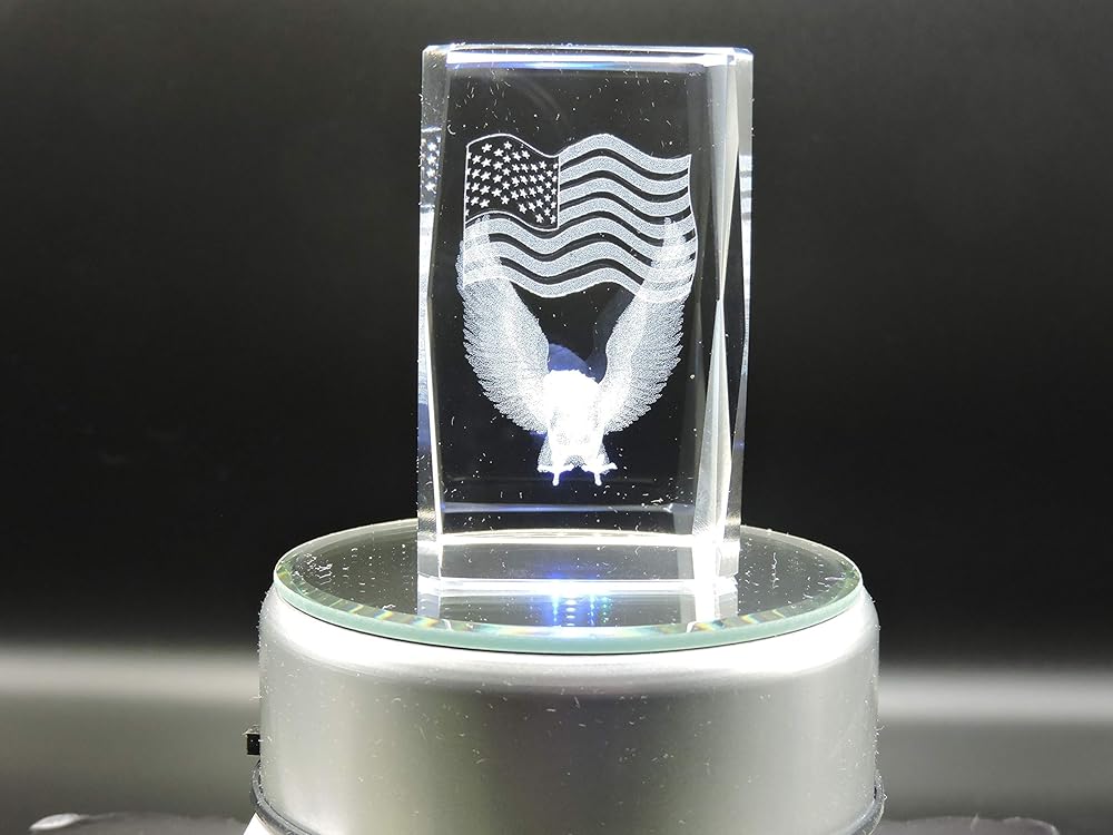 3D Glass Laser Cube Eagle and American Flag Handmade