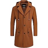 Chrisuno Men's Long Classic Pea Coat Notched Collar Single Breasted Winter Overcoat Slim Fit Trench Coats