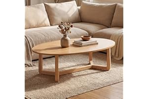 Giantex Oval Coffee Table, 46'' Wood Center Table with Thickened Top & Solid Rubber Wood Frame, Low Profile Cocktail Accent T