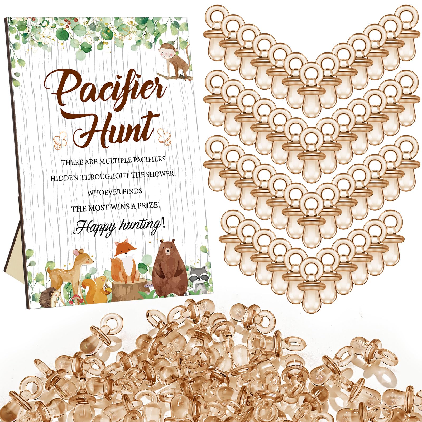 Photo 1 of Thyle 51 Pcs Pacifier Hunt Baby Shower Games Include Hunt Sign and 50 Acrylic Pacifiers for Baby Shower Game Decoration Gift Sets Gender Reveal Party Decor (Woodland Animals)