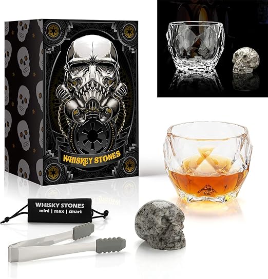 Amazon Com Skull Whiskey Stone And Glass Gift Set Octagon Luxury Glass 550 Ml Reusable Hand Carved Skull Bone Chill Rocks 100 Natural Pure Granite Ideal Novelty Gifts For Men And Whisky